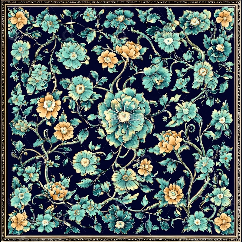 高清大图下载【趣麦麦图】蓝色与金色花卉的复古图案