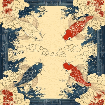 四条锦鲤围绕的中国风图