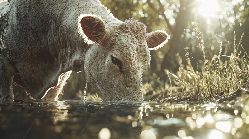 高清大图下载【趣麦麦图】白色奶牛喝水