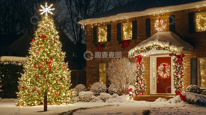 高清大图下载【趣麦麦图】圣诞节夜晚房屋装饰
