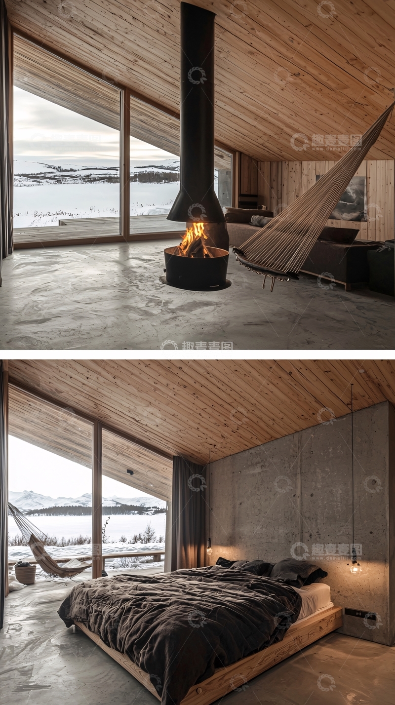 高清大图下载【趣麦麦图】极简风格木屋落地窗壁炉