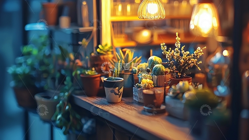高清大图下载【趣麦麦图】温暖灯光下的微型植物盆栽