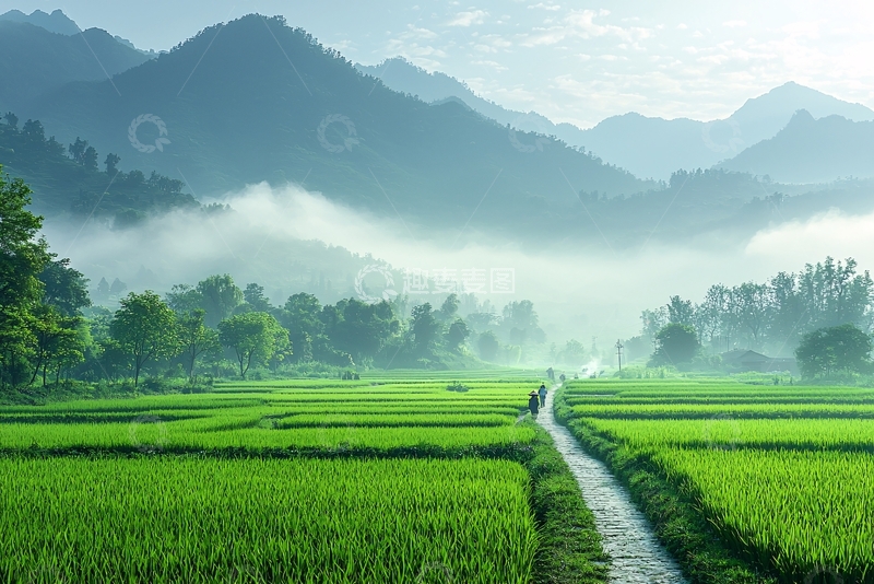 高清大图下载【趣麦麦图】翠绿稻田与远山云雾