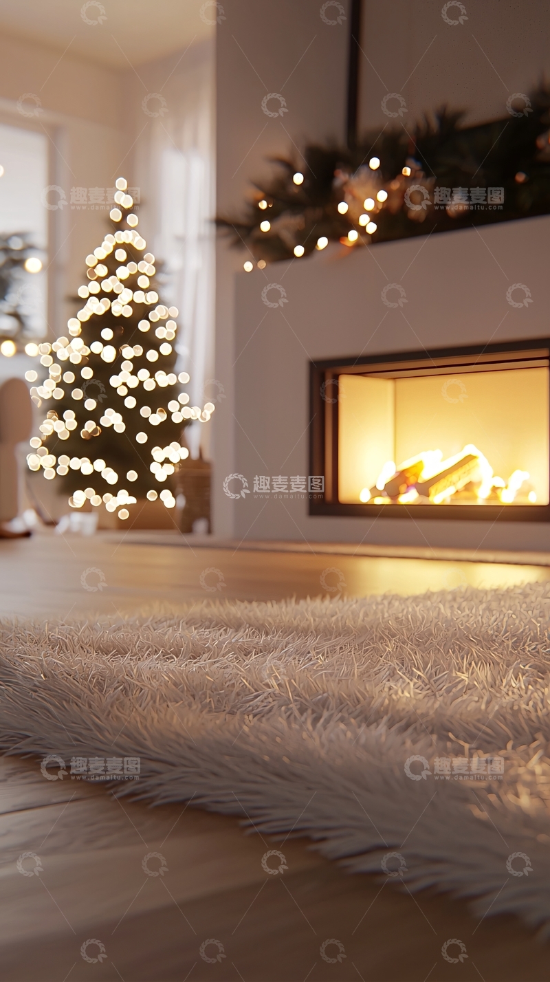高清大图下载【趣麦麦图】温暖的圣诞节壁炉和圣诞树