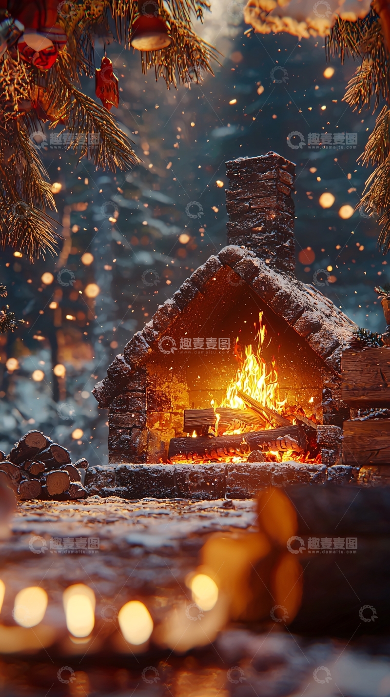 高清大图下载【趣麦麦图】冬日雪景篝火晚会