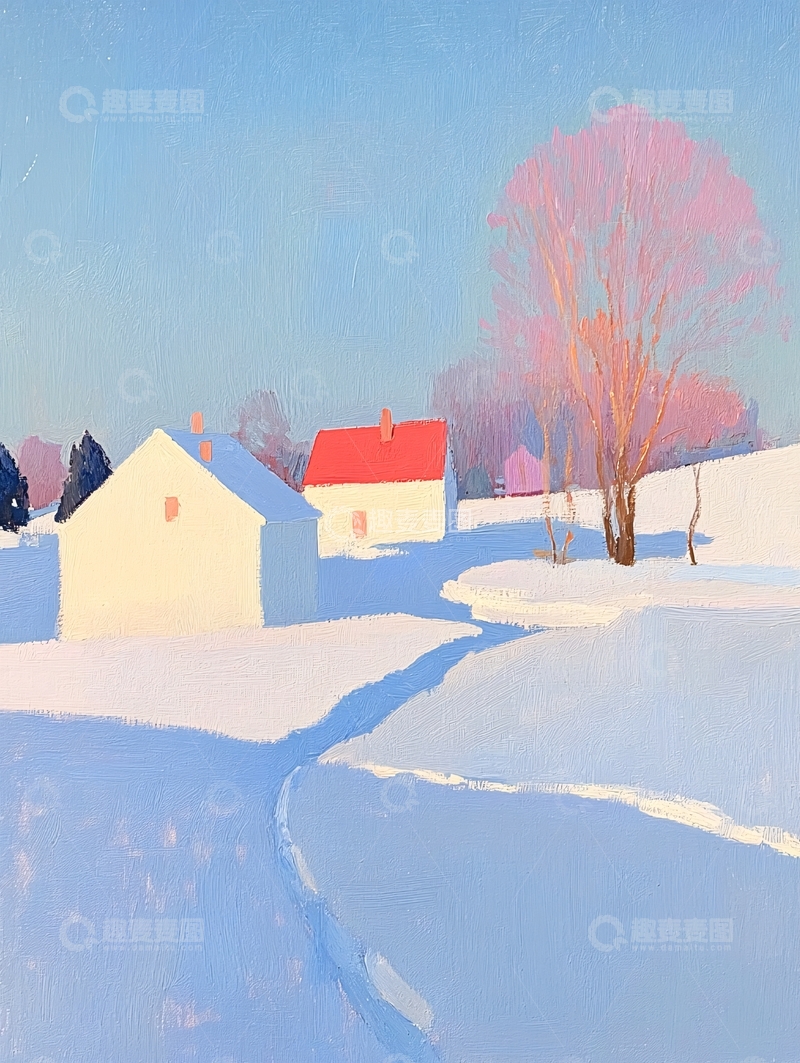 高清大图下载【趣麦麦图】雪地里的房屋和树木
