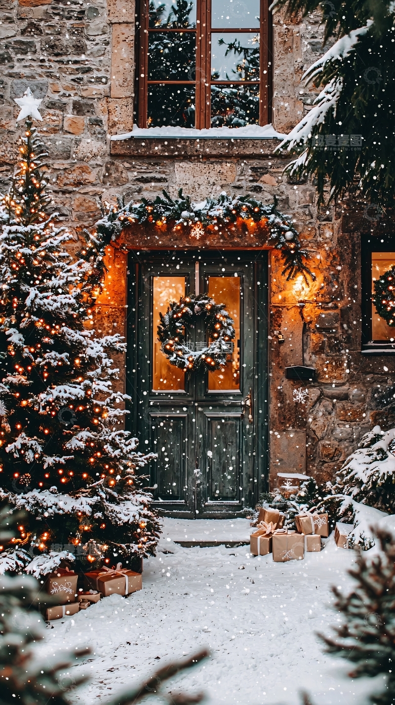 高清大图下载【趣麦麦图】圣诞节雪景房屋门廊