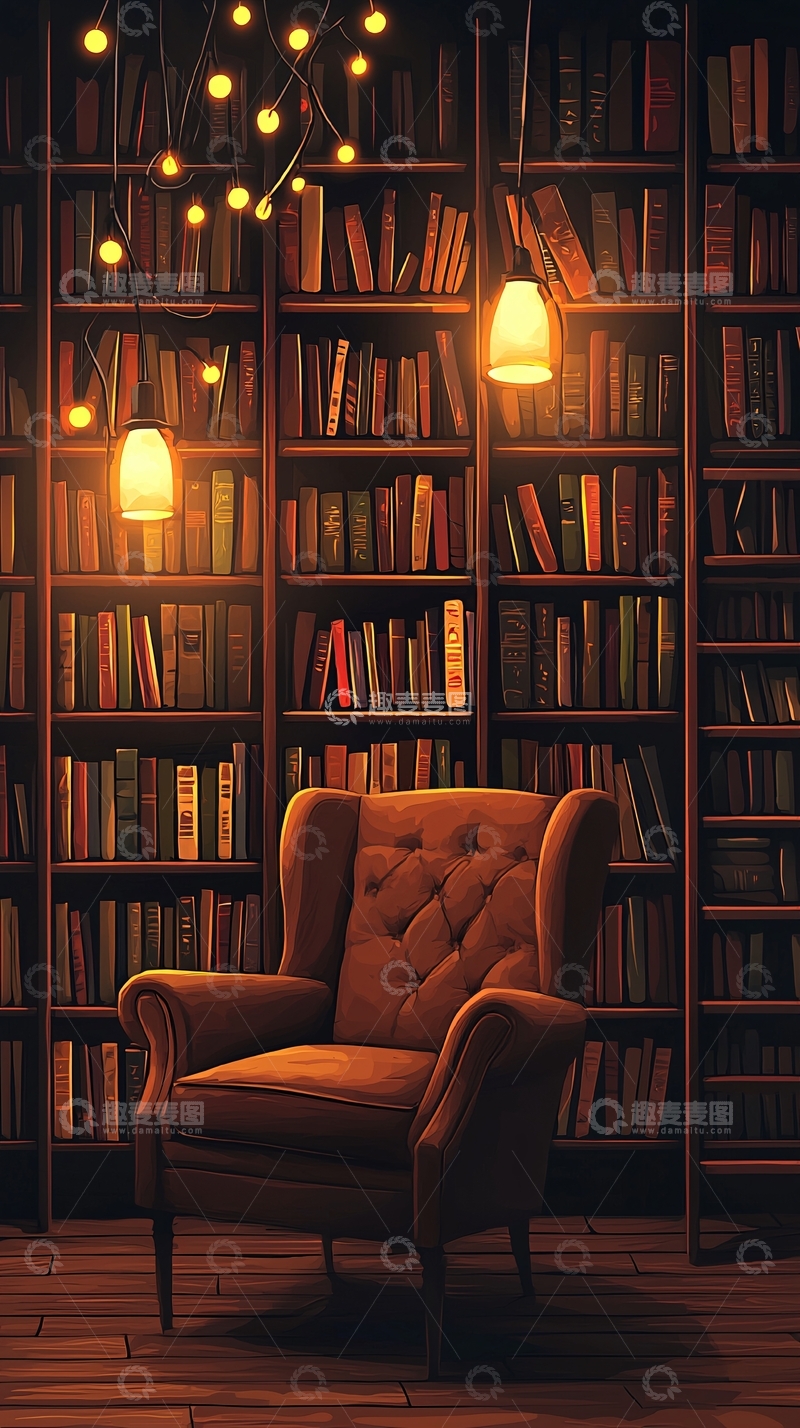 高清大图下载【趣麦麦图】温暖灯光下的书房书椅
