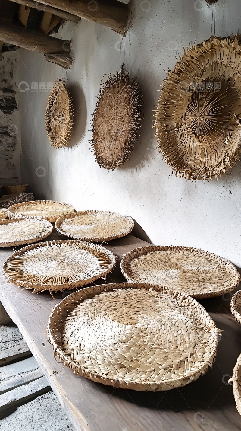 高清大图下载【趣麦麦图】农村老屋墙壁上的草帽和簸箕