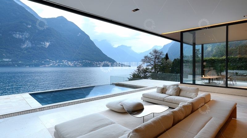 高清大图下载【趣麦麦图】极简风格湖景别墅客厅