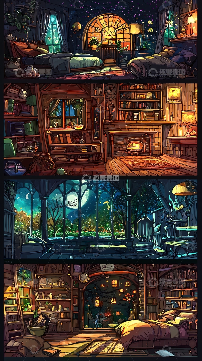 高清大图下载【趣麦麦图】奇幻风格房间四季景色