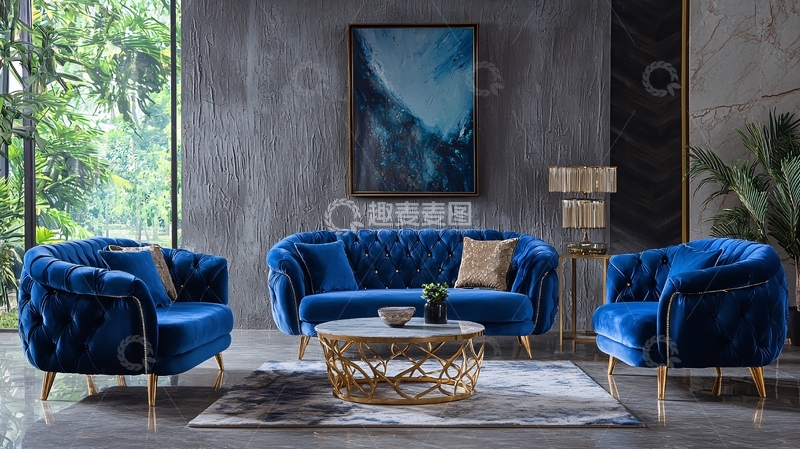 高清大图下载【趣麦麦图】蓝色丝绒沙发