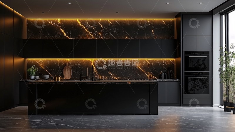 高清大图下载【趣麦麦图】黑色大理石纹理厨房