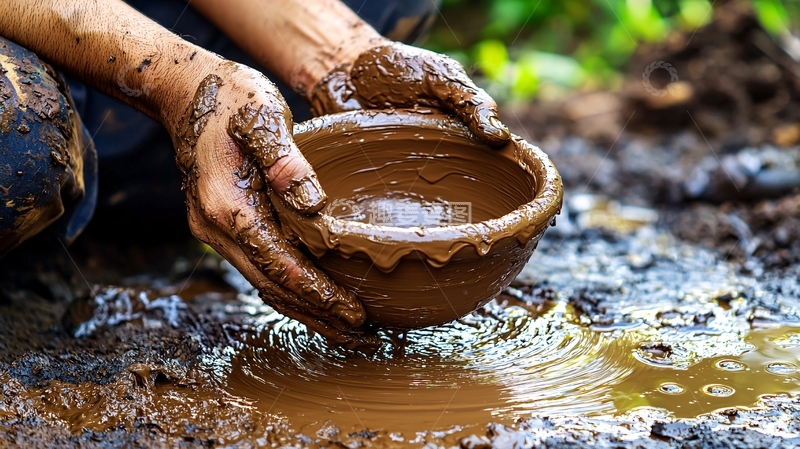 高清大图下载【趣麦麦图】泥土中盛满水的陶碗