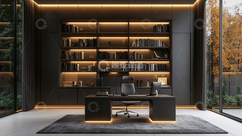 高清大图下载【趣麦麦图】黑色调现代书房