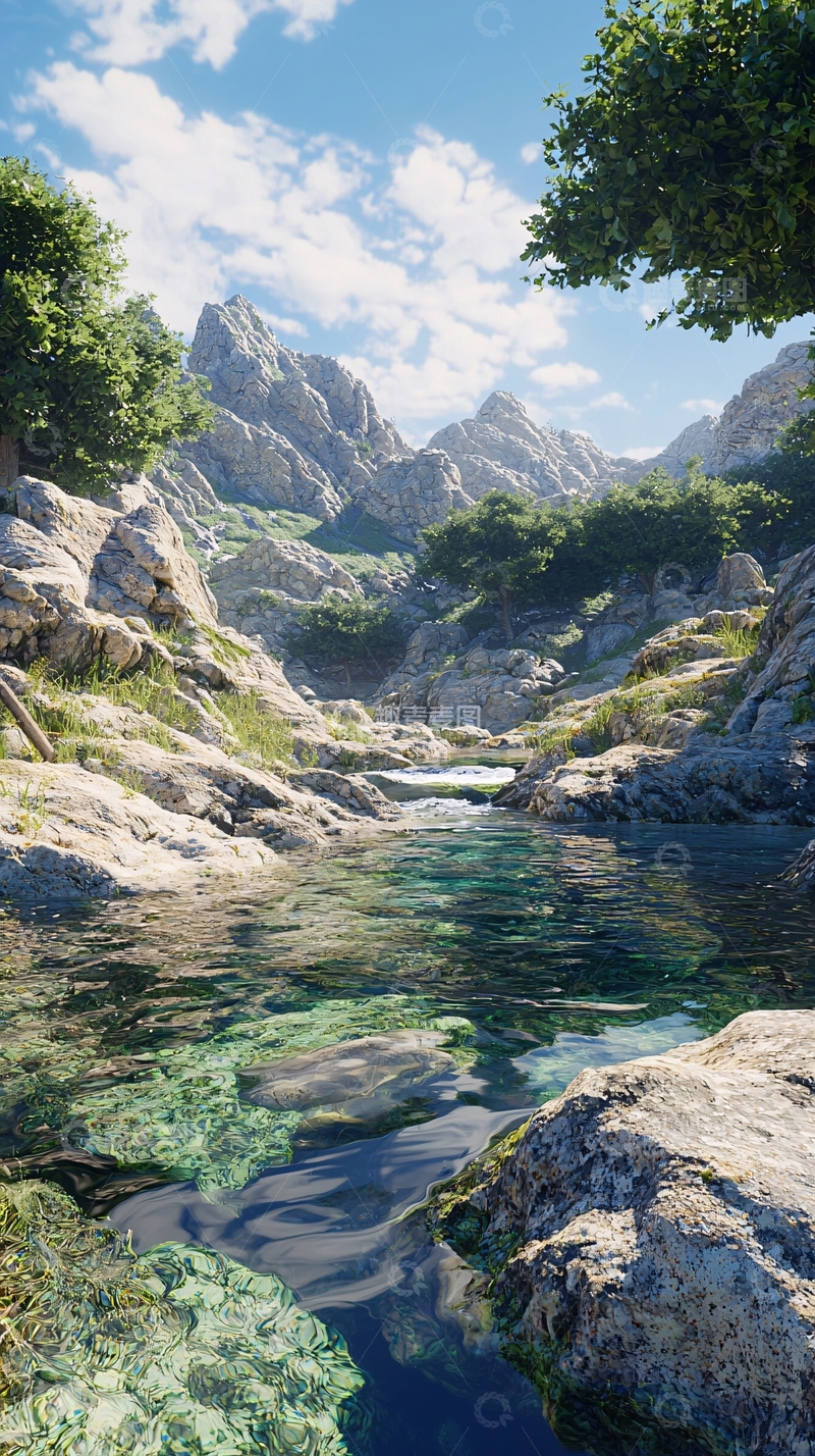 高清大图下载【趣麦麦图】阳光明媚的山间溪流