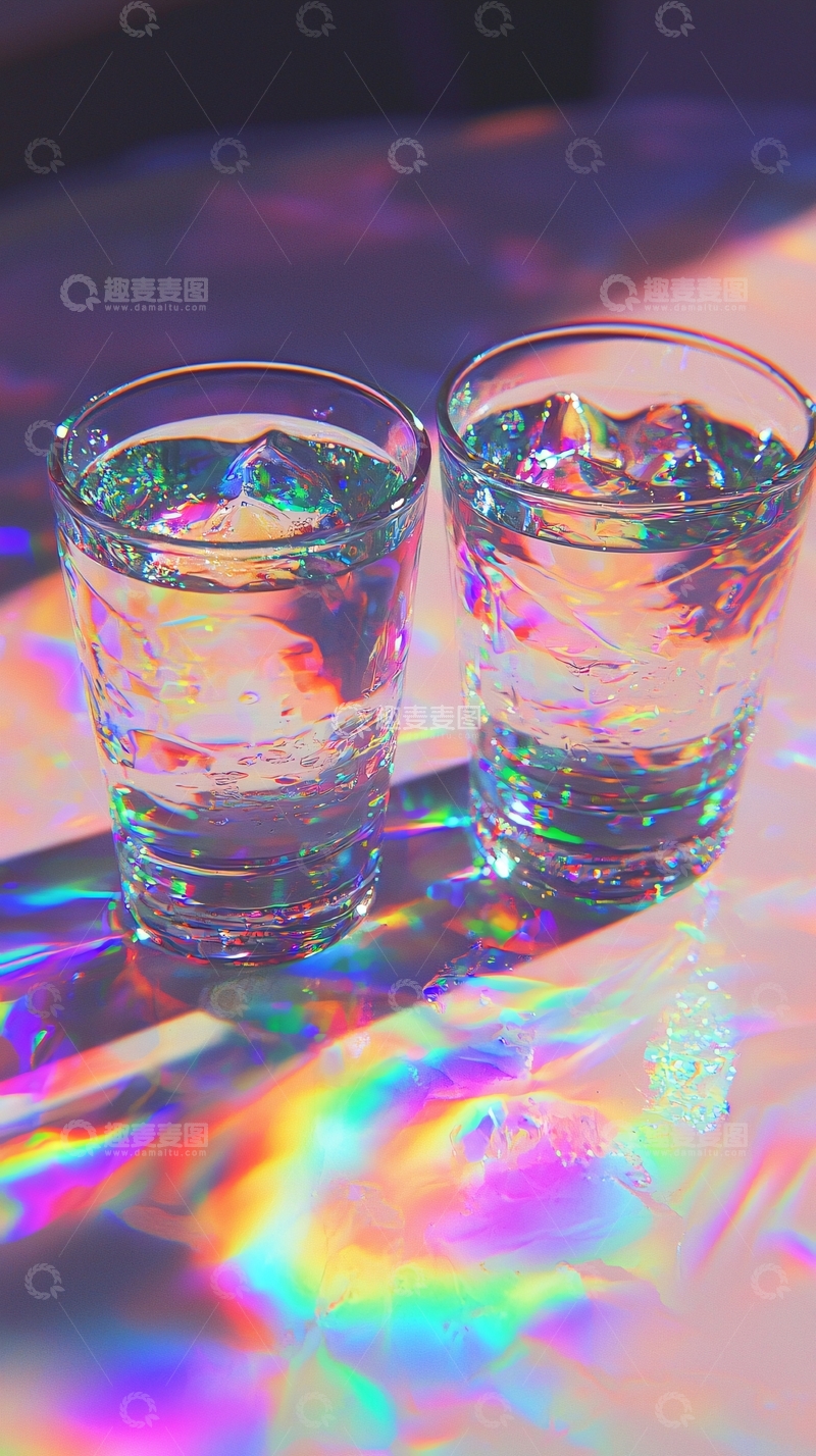 高清大图下载【趣麦麦图】彩虹光影下的两杯冰水