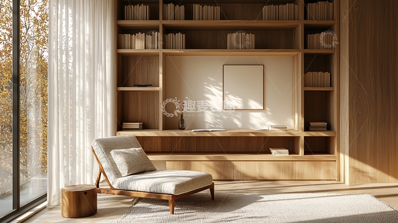 高清大图下载【趣麦麦图】浅色木质书架和躺椅