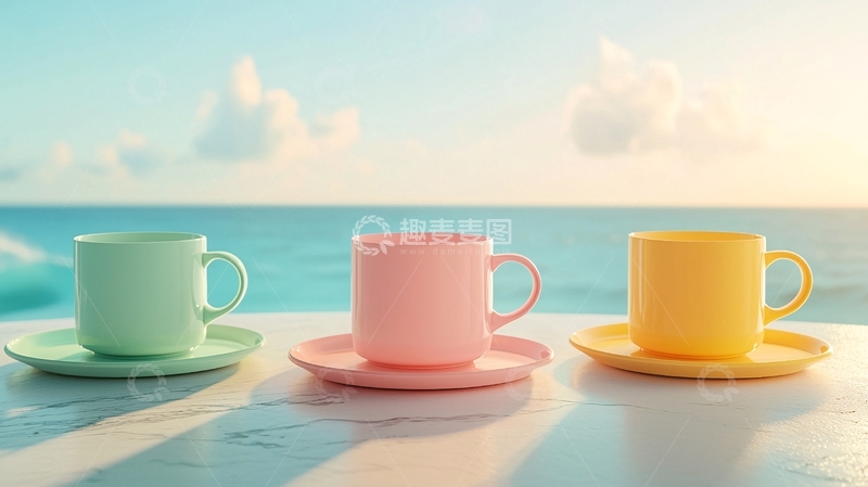 高清大图下载【趣麦麦图】三只彩色马克杯海边日出