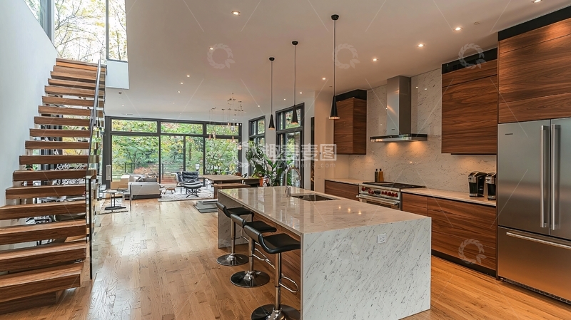 高清大图下载【趣麦麦图】开放式厨房和楼梯间的现代住宅