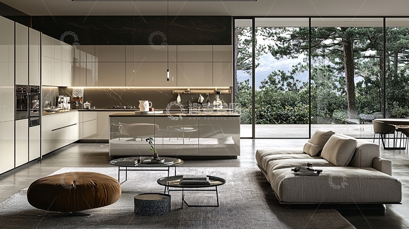 高清大图下载【趣麦麦图】现代简约开放式厨房客厅一体化