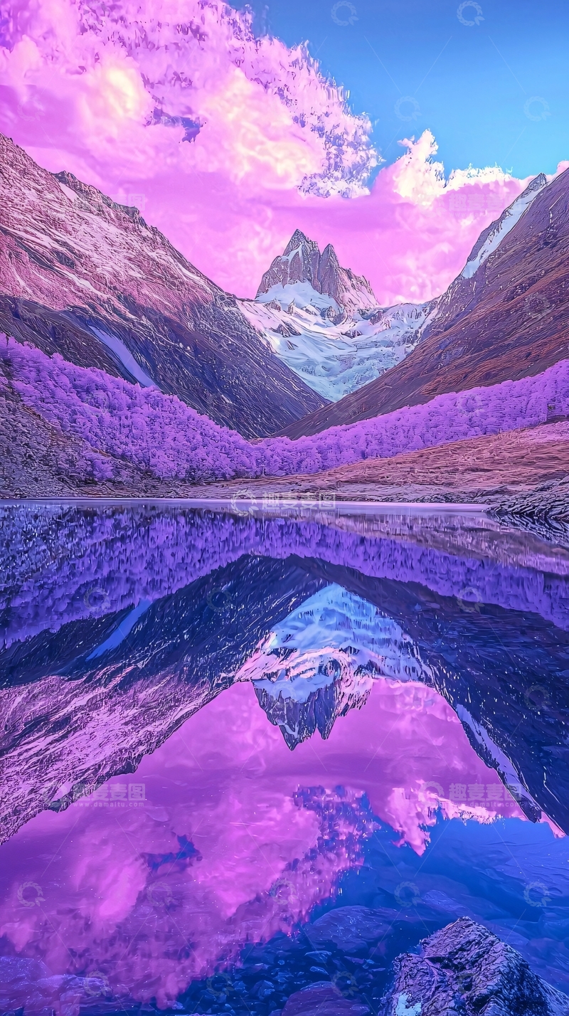 高清大图下载【趣麦麦图】紫色山脉湖泊倒影