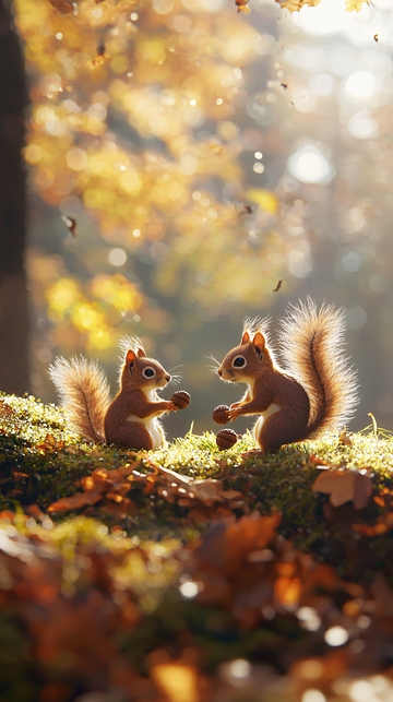秋日森林里两只小松鼠