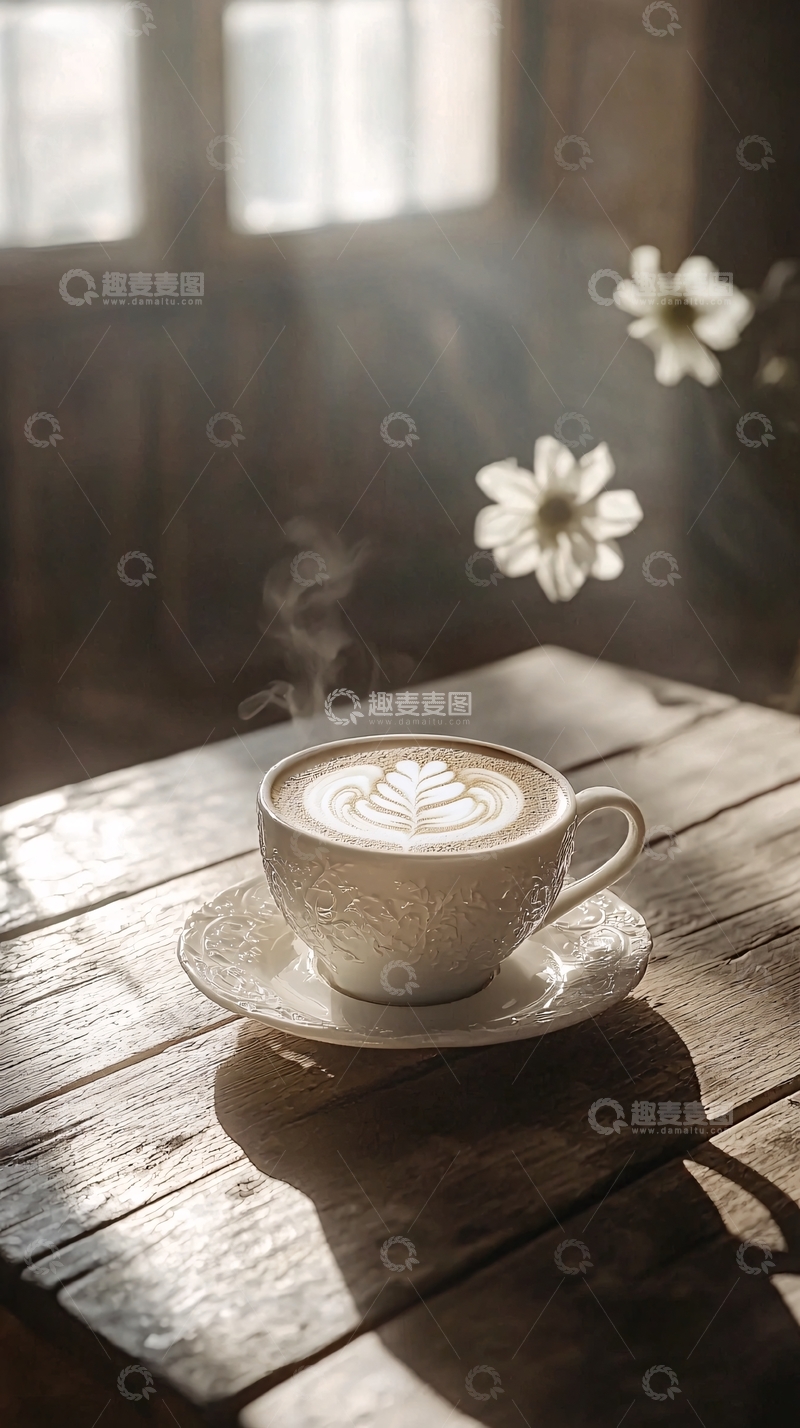 高清大图下载【趣麦麦图】阳光洒落木桌上的拿铁咖啡