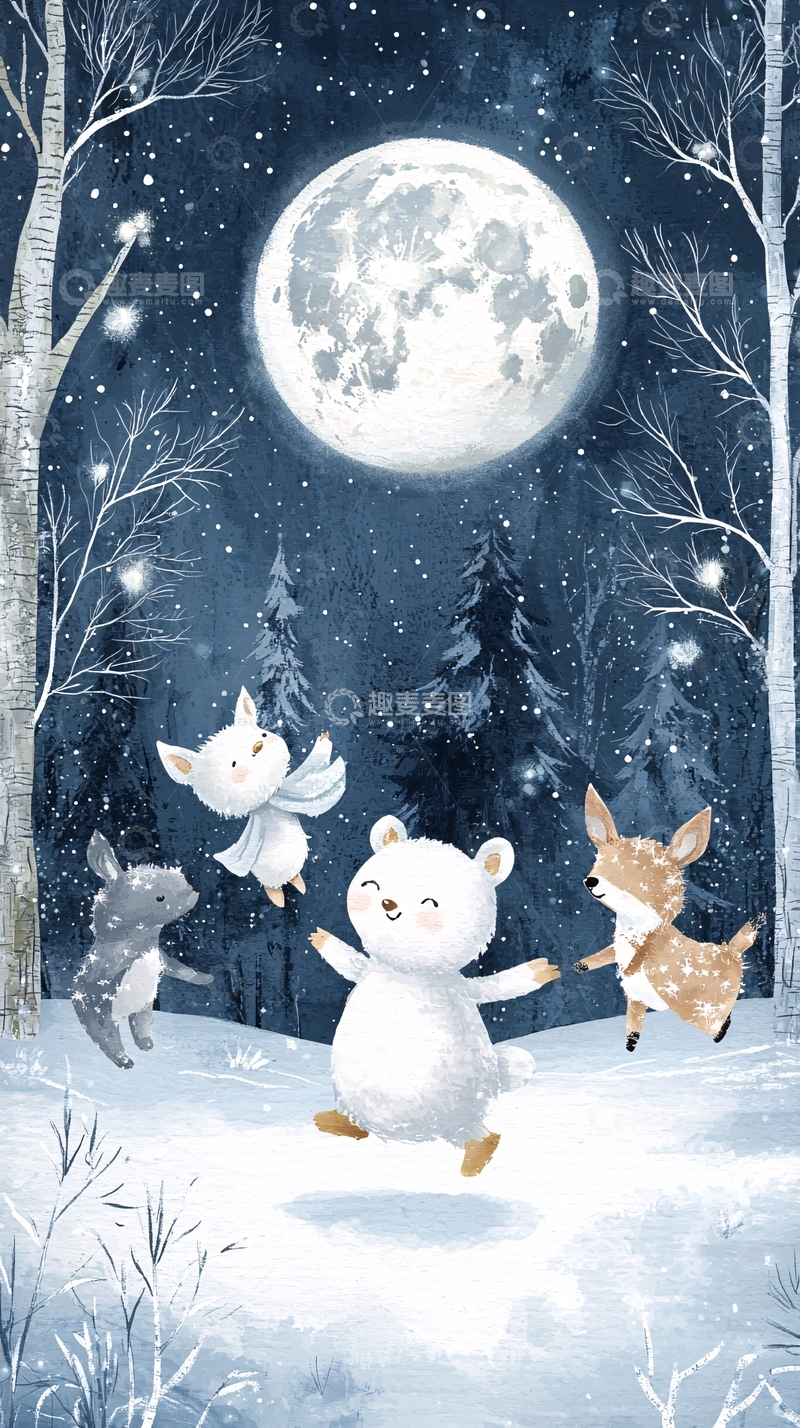 高清大图下载【趣麦麦图】冬夜雪地动物嬉戏