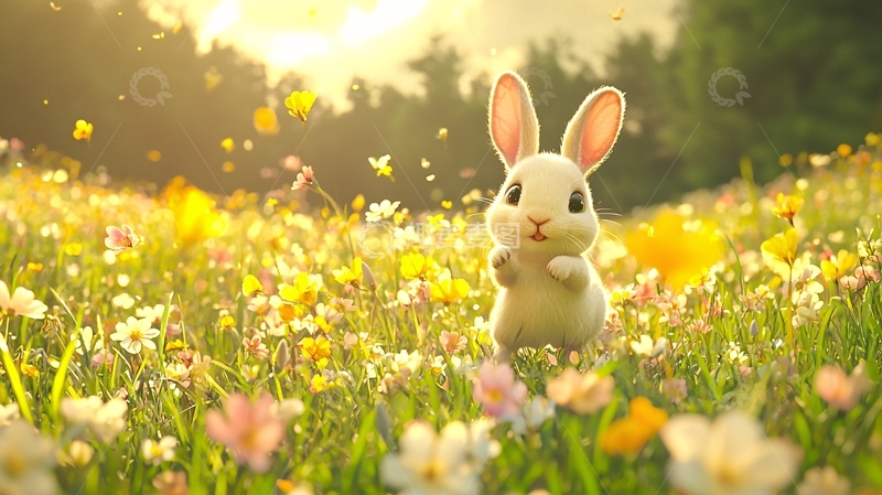 高清大图下载【趣麦麦图】阳光下小白兔在花田里