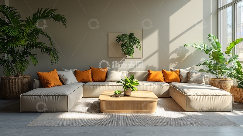 高清大图下载【趣麦麦图】米色沙发与绿色植物