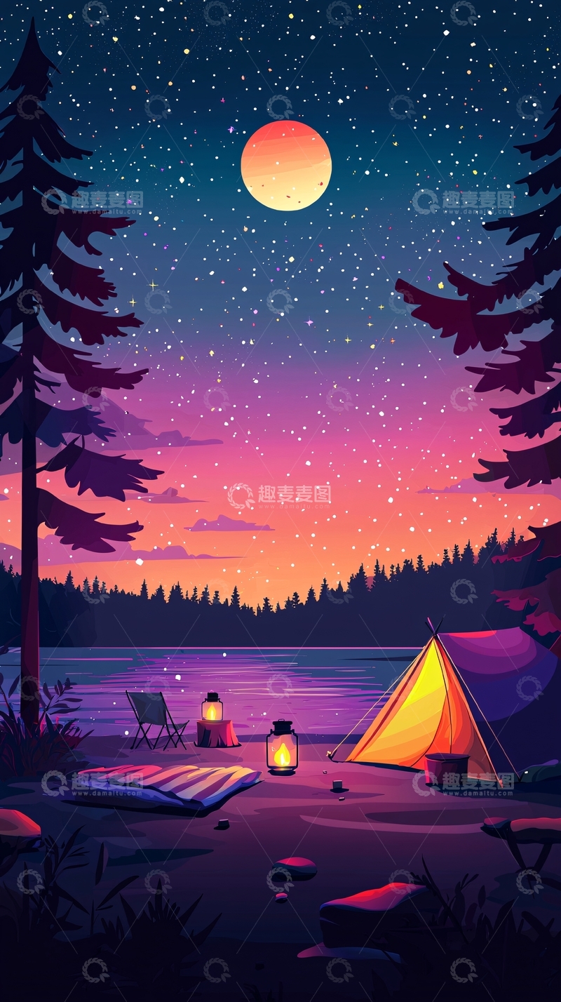 高清大图下载【趣麦麦图】星空下湖边营地