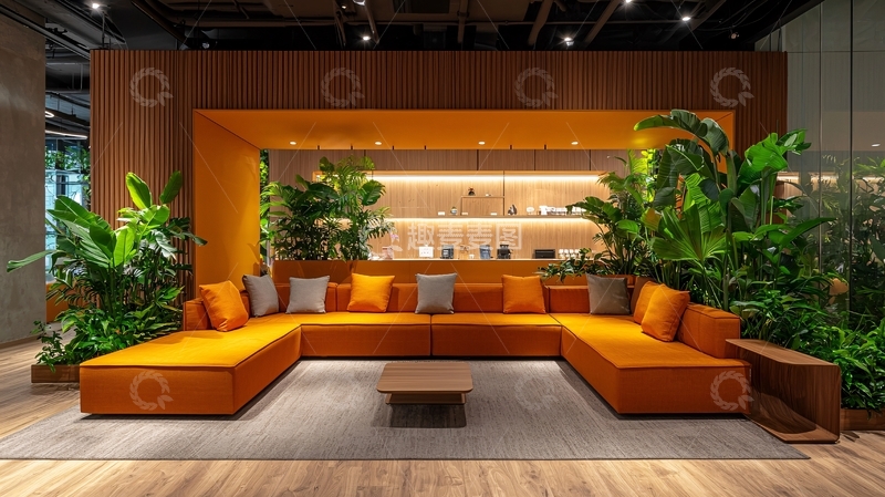 高清大图下载【趣麦麦图】现代橙色沙发绿植环绕