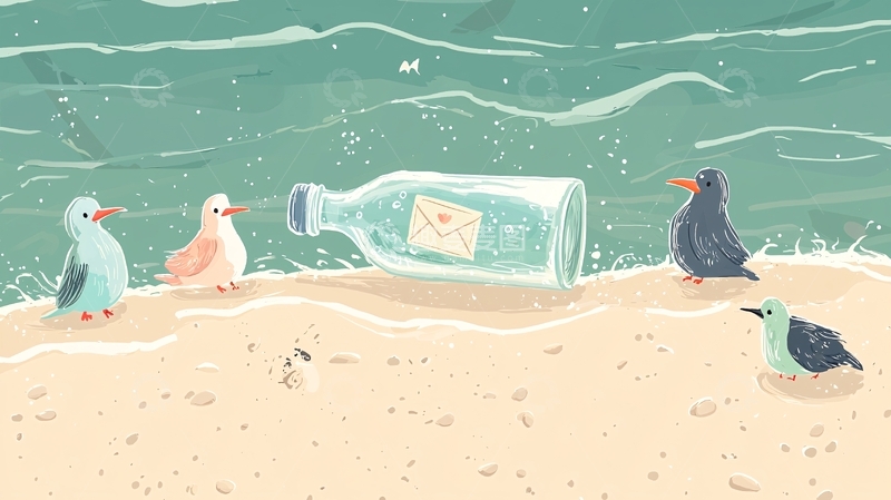 高清大图下载【趣麦麦图】沙滩上漂流瓶和海鸥