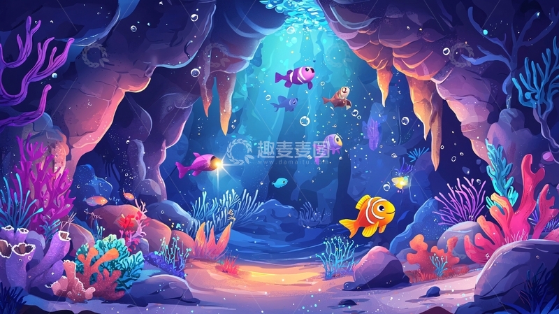 高清大图下载【趣麦麦图】海底洞穴彩色鱼群