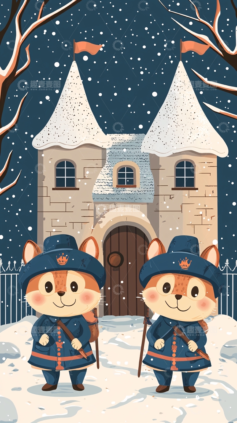 高清大图下载【趣麦麦图】雪夜城堡小松鼠卫兵