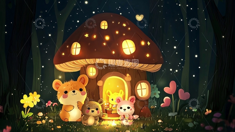 高清大图下载【趣麦麦图】森林蘑菇屋卡通动物