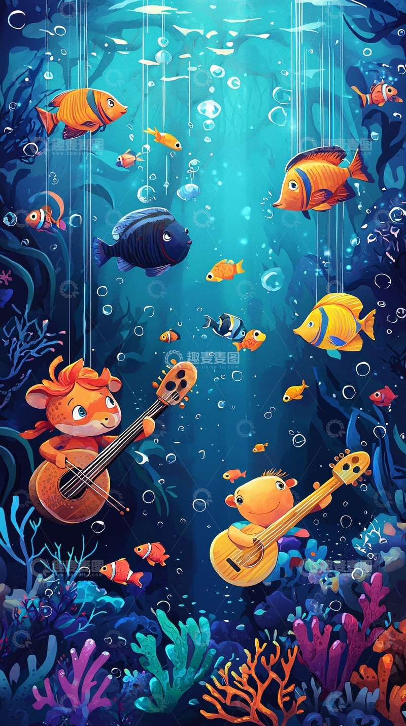 高清大图下载【趣麦麦图】海底卡通动物演奏乐器