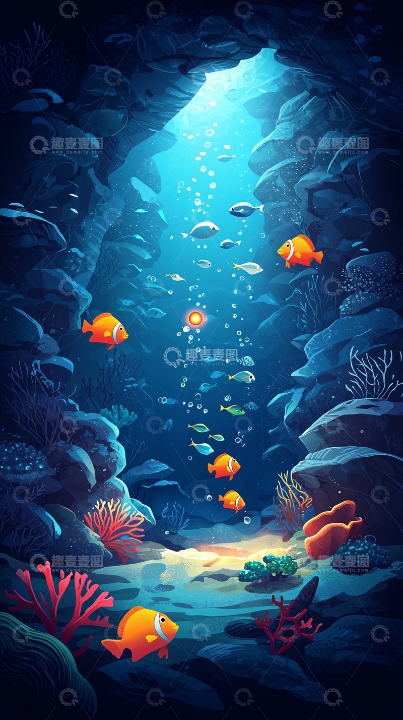 高清大图下载【趣麦麦图】深海珊瑚礁鱼群洞穴