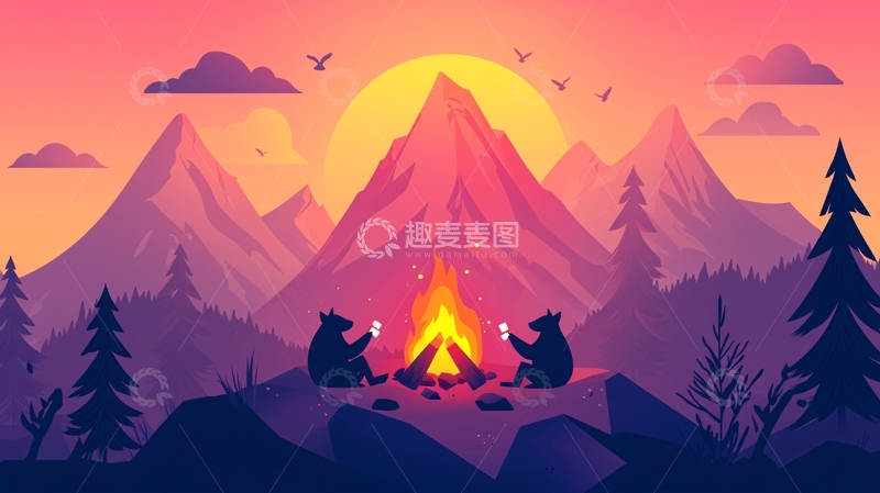 高清大图下载【趣麦麦图】两只熊在山峰旁篝火旁喝酒