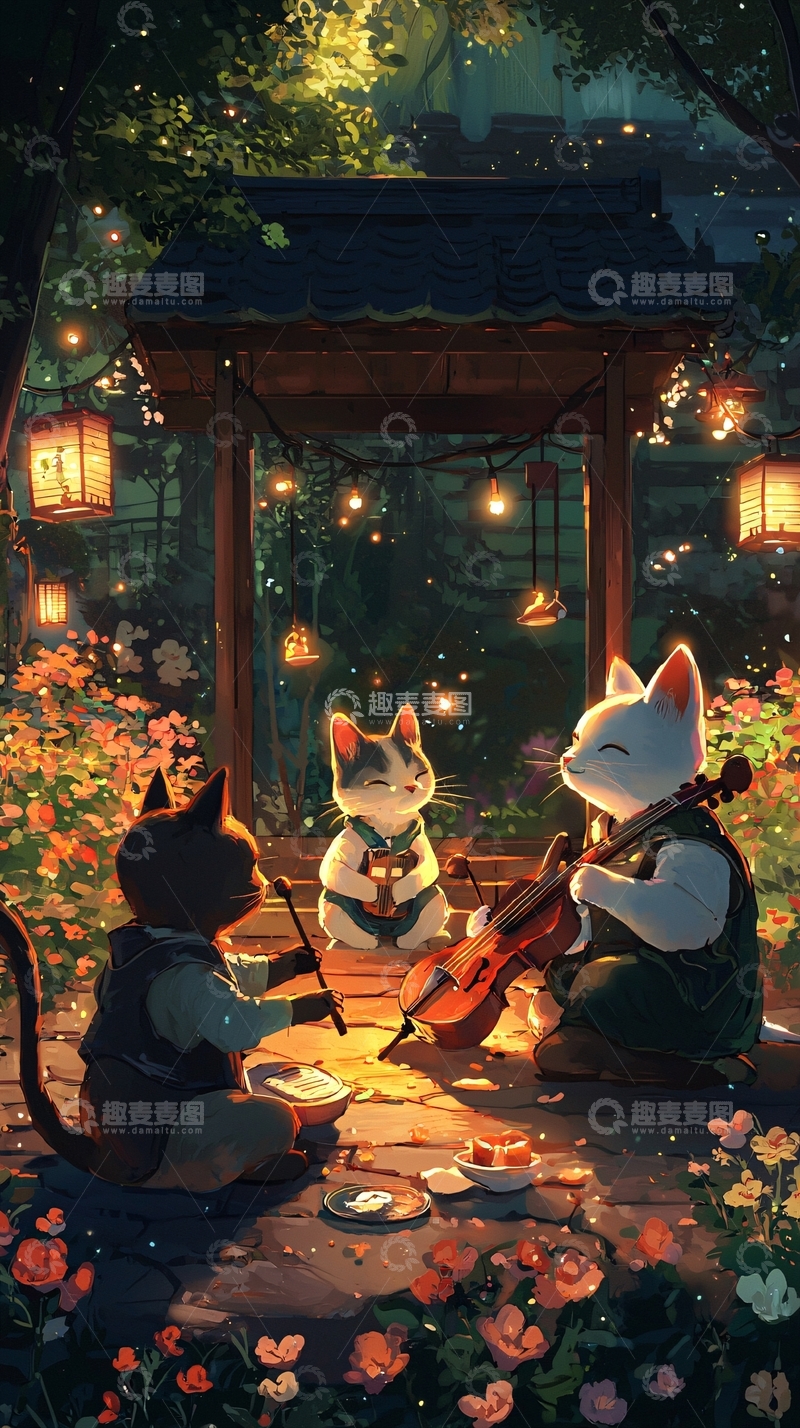 高清大图下载【趣麦麦图】夜色下的猫咪演奏会