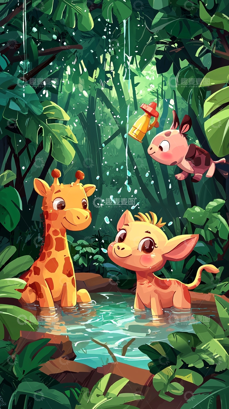高清大图下载【趣麦麦图】卡通动物雨林戏水