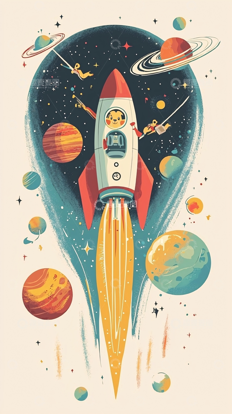 高清大图下载【趣麦麦图】太空火箭卡通插画