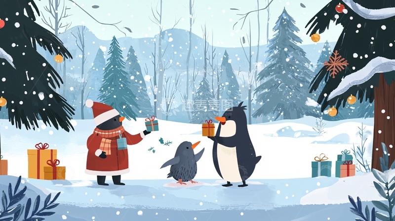 高清大图下载【趣麦麦图】圣诞节企鹅雪景图