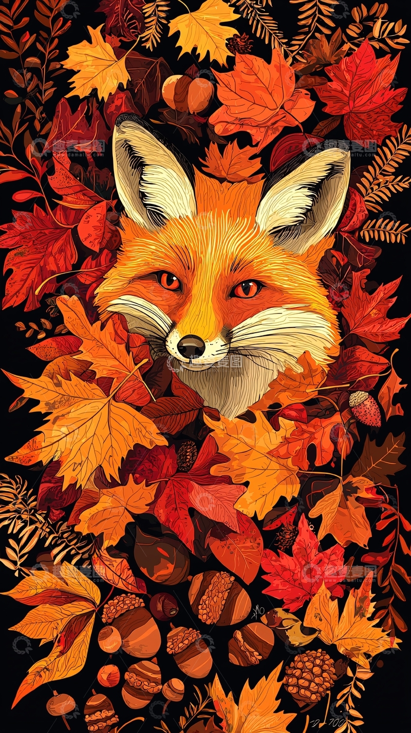 高清大图下载【趣麦麦图】红狐秋叶装饰画