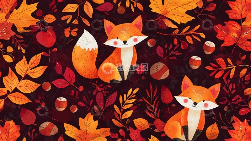 高清大图下载【趣麦麦图】秋天小狐狸树叶无缝图案