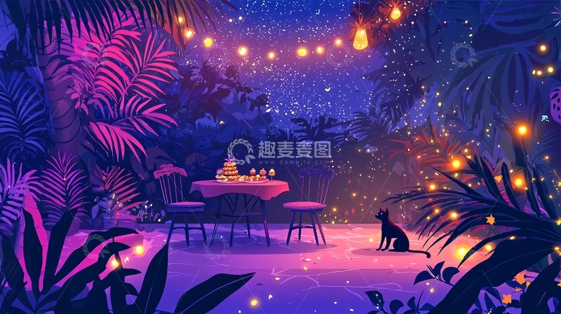 高清大图下载【趣麦麦图】梦幻星空下的热带庭院晚餐