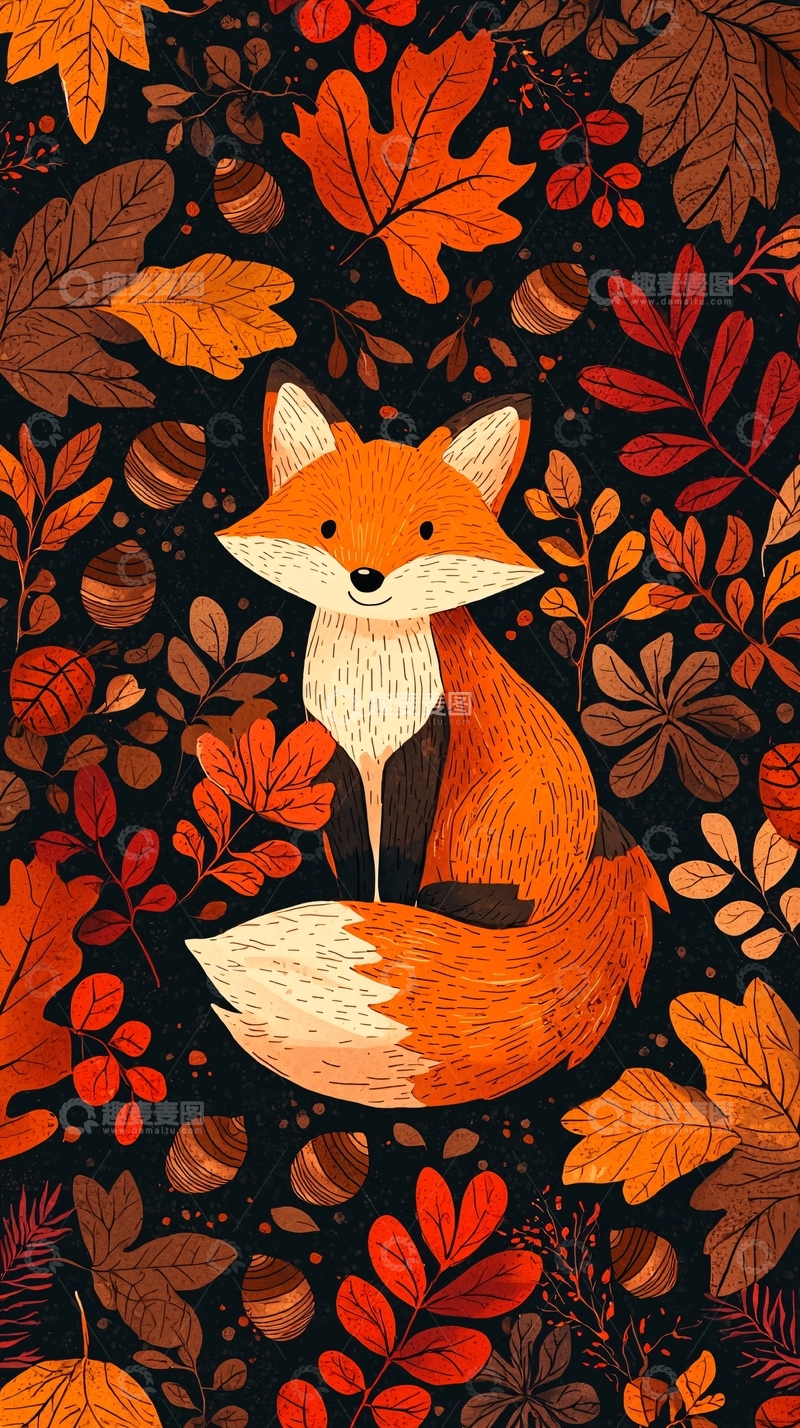 高清大图下载【趣麦麦图】秋天狐狸叶子图案