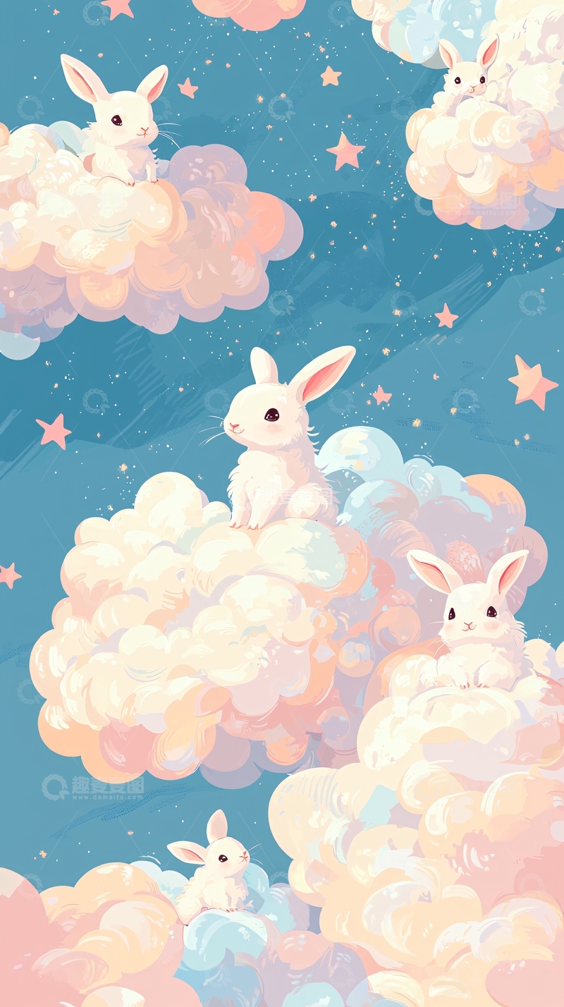 高清大图下载【趣麦麦图】可爱兔子云朵星空壁纸