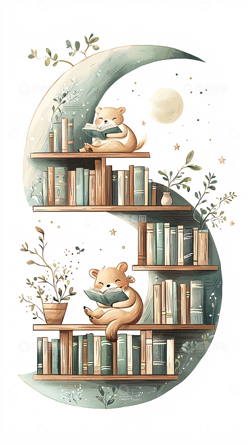 高清大图下载【趣麦麦图】月亮书架